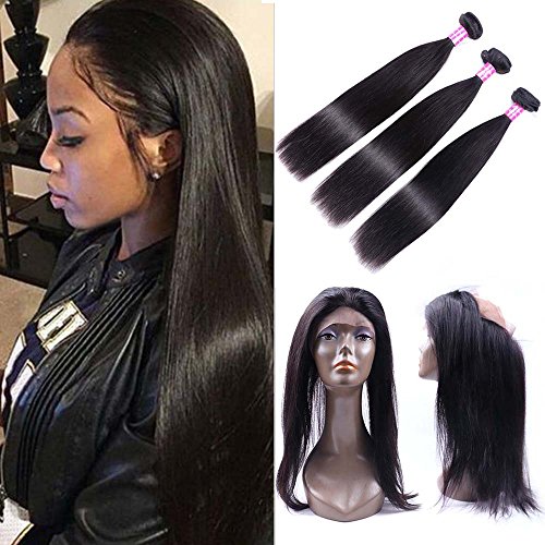 Sterly Hair 360 Lace Frontal With 3 Bundles Brazilian Straight Hair 360 Lace Band Frontal Closure Pre Plucked Brazilian Virgin Human Hair Frontal Natural Color (14 16 18+12inch)