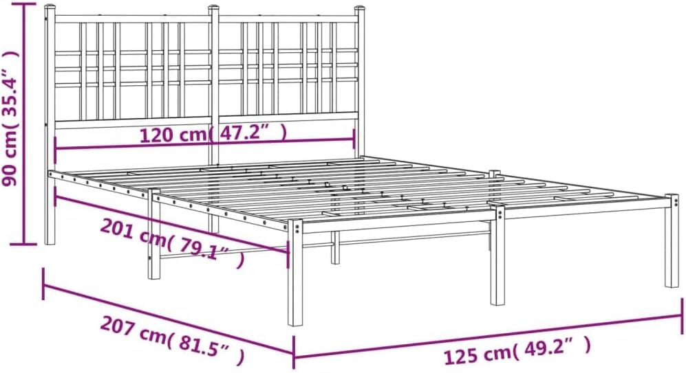 Diagram showing the dimensions of the bed frame