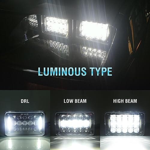 Image of DOT Approved 60w 4x6 inch LED Headlights Rectangular Replacement H4651 H4652 H4656 H4666 H6545 with DRL Compatible with Peterbil Kenworth Freightinger Ford Probe Chevrolet Trucks