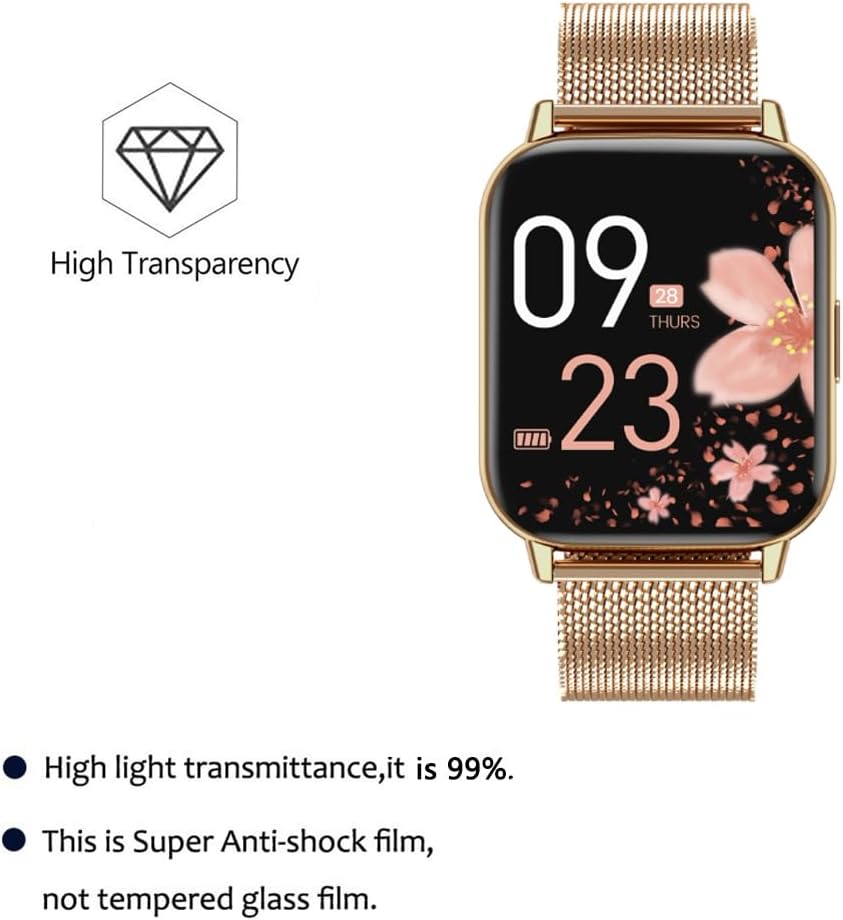 Smartwatch screen with text indicating 99% high light transmittance and that the product is a Super Anti-shock film, not tempered glass.