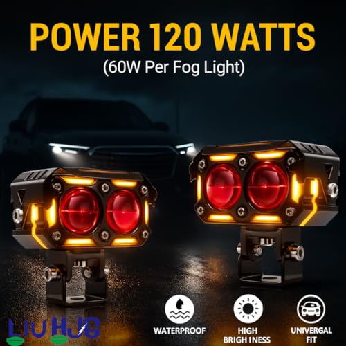 Image of LIU HJG Dual Cut Lens Dual Lens LED Fog Light With Wiring Kit Waterproof & Dustproof 120W 12V DC Power Yellow, White, Red Devil Eye Light, Yellow DRL Universal fit for All Bikes & Cars (Pack of 2)