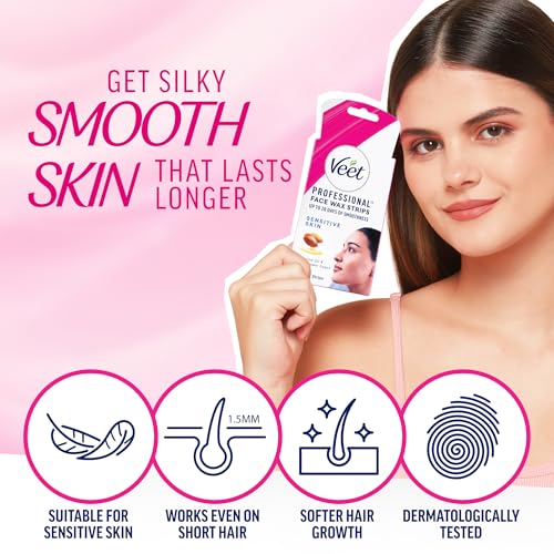 Image of Veet Face Wax Strips for Sensitive Skin (4 strips + 1 post finish wipe) (Pack of 5) | Painless, Quick & Gentle Facial Hair Removal | Ready to Use for Upper Lip, Eyebrows, Chin, Sidelocks