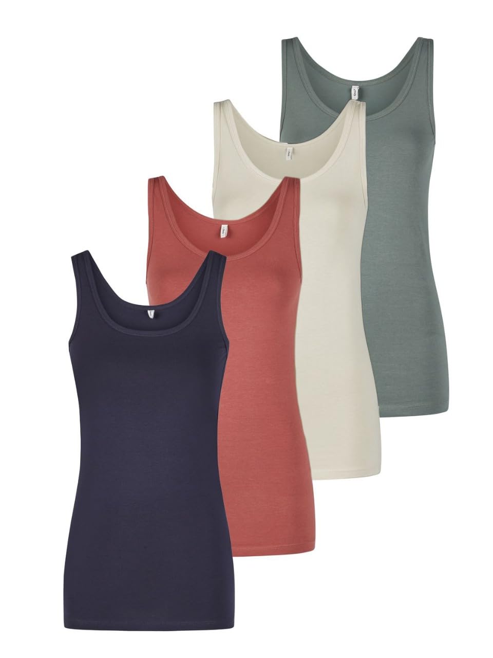 ONLY Tank Top Damen Baumwolle Stretch Slim Fit Onllive LUV 4er Pack Set Basic Shirt Rundhals Trägershirt Ärmellos Oberteile Einfarbig Schwarz Weiß Beige Rot Grün Blau Navy S M L XL XXL | Baumwolle, Stretch, Slim Fit, Basic Shirt, Trägershirt, Ärmellos, Rundhals, Oberteile, Einfarbig
