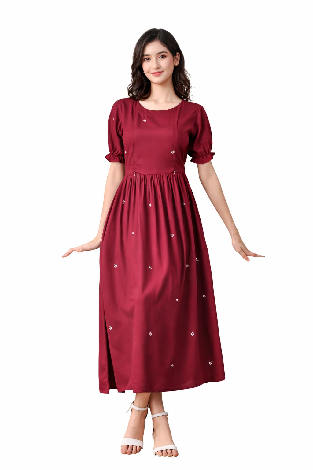 ichaa Women Floral Embroidered Puff Sleeve Maternity Fit & Flare Midi Dress-picture-12