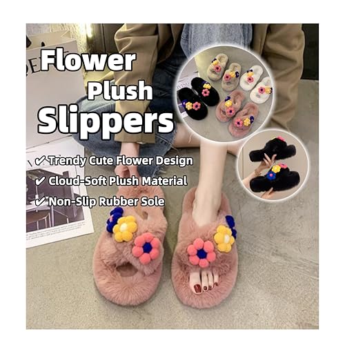 Women's Cute Flower Plush Slippers - Cross - Strap Design - Soft Sole & Cozy Lining - Indoor Outdoor Casual Shoes2