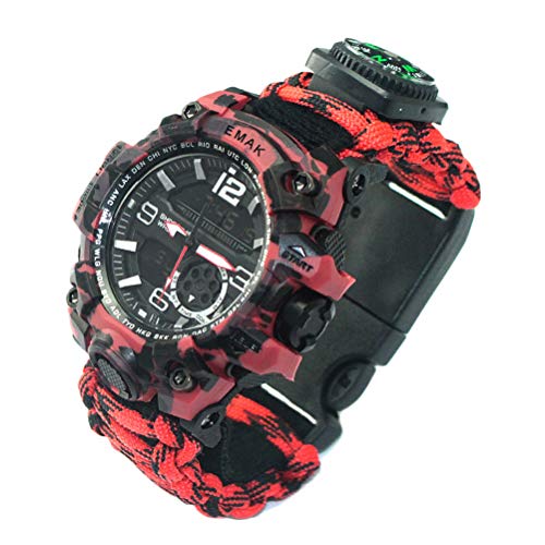 Camping Outdoor Survival Watch Multi-Fonction Bracelet Compass Whistle Paracord Bracelet Equipment Tools Kit (Rouge et Noir)