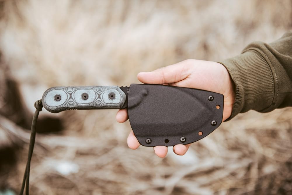 Tops Knives American Trail Maker Full Tang Fixed Blade- Black Traction Coating Blade Finish- Black Kydex Sheath w/Rotating Spring Steel Clip