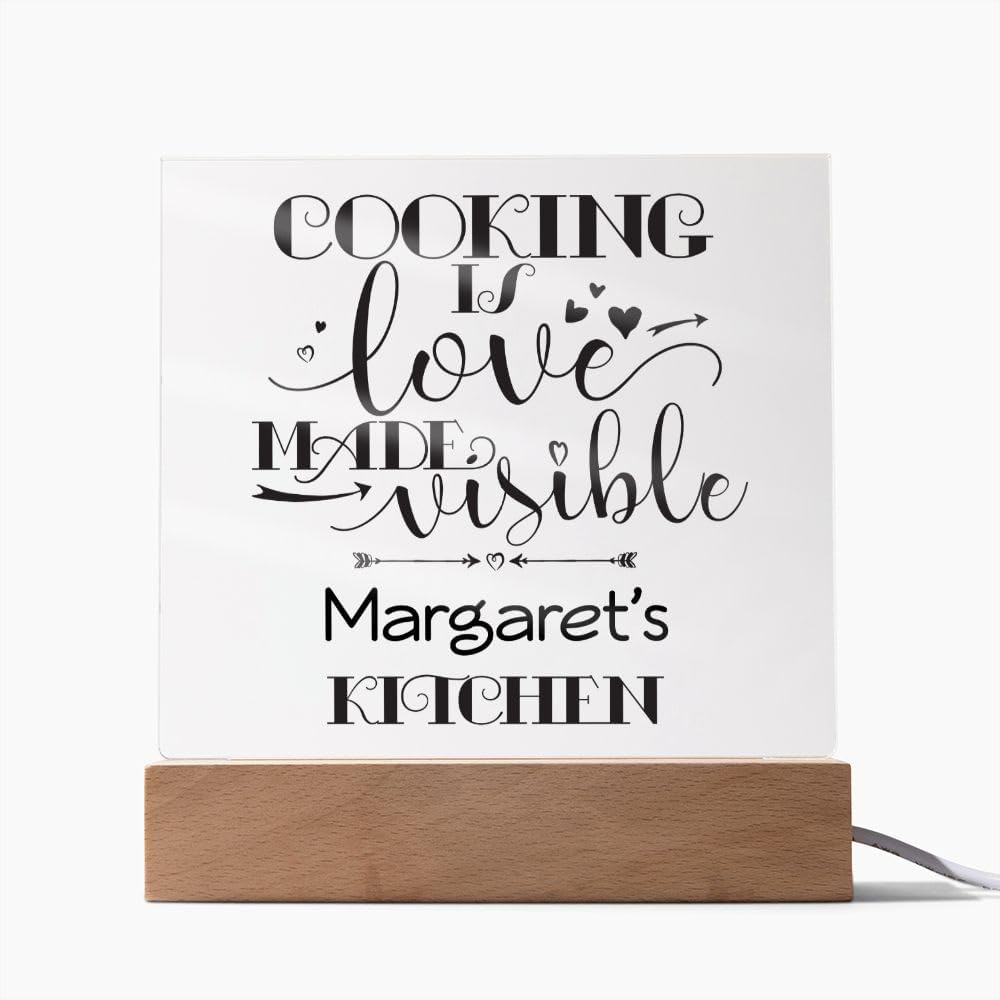 Margaret's Kitchen - Cooking Is Love - Square Acrylic Plaque With LED Lights Personalized Name