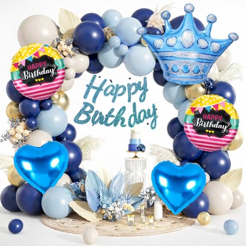 Image of Blue Birthday Decoration Kit for Boys - 46 Pcs Happy Birthday Banner with Crown, Heart & Round Foil Balloons, Prince Theme Set for Birthday Parties Decoration