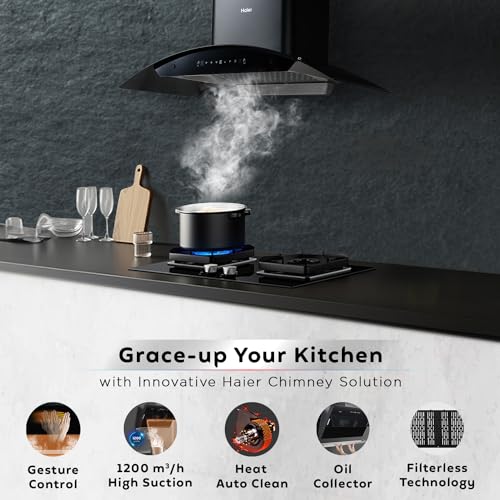 Image of Haier 90 cm 1200 m /hr Auto Clean Low Noise Curved Chimney Black Filterless with Oil Collector | 10 Yrs Motor & 4 Yrs Product Warranty | Touch & Gesture Control | Free Installation Kit | HVP-G94DGBGIN