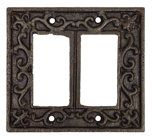 Lulu Decor, Fleur De Lis Cast Iron Rocker Light Switch Plate Cover in Decorative Antique Brown Finish (Dual Switch)