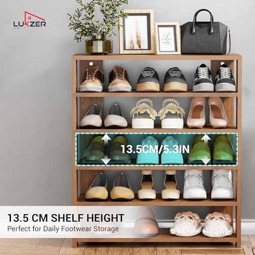 Image of Lukzer 5-Tier Wooden Shoe Rack | Multipurpose Storage Shelf for Shoes, Handbags, Showcase & Accessories | SR-002 /Oak Brown | Engineered Wood Footware Stand for Entryway & Living Room (80x70x27cm)