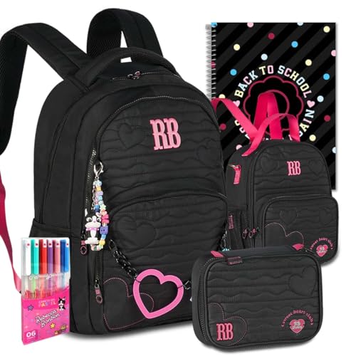 Kit Mochila RB Rebecca Bonbon Soft Escolar Lancheira Estojo Meninas Resistente Infantil Juvenil (Preto)