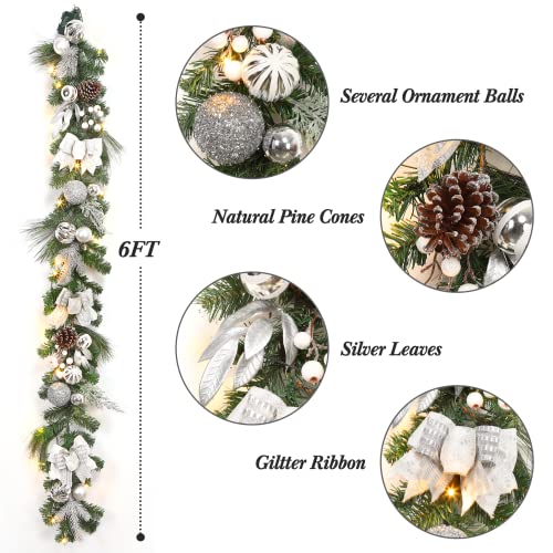 6FT Lighted Christmas Garland for Front Door, Artificial Pre-Lit Christmas Garland Decoration, Battery Operated Xmas Garland with Pinecones, Berries, Bows, Ball Ornaments, Silver