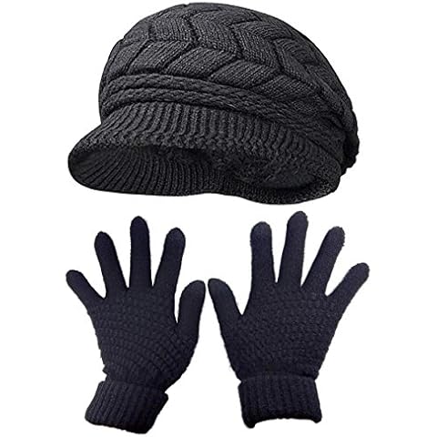 HINDAWI Womens Winter Hat and Gloves Set for Girls Wool Knit Skull Cap with Visor,Black Cover