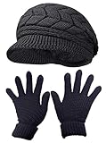 HINDAWI Womens Winter Hat and Gloves Set for Girls Wool Knit Skull Cap with Visor,Black