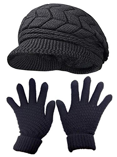 HINDAWI Womens Winter Hat and Gloves Set for Girls Wool Knit Skull Cap with Visor,Black