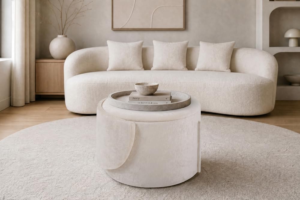 Sessel LUNA - 65cm - beige - Bouclé-Stoff klappbare Rückenlehne | Montiert geliefert, Schaumstoffpolsterung, hoher Komfort, Stauraum, Design, bequeme Polsterung, Eyecatcher