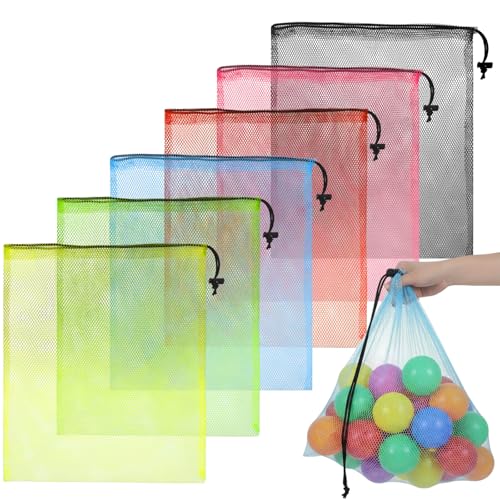 6 Stück Netzbeutel mit Kordelzug Nylon Bunte Netztasche Tragen Netzsäcke Groß Mesh Tasche Aufbewahrungstaschen für Kleidung und Reiseutensilien Strandspielzeug Sport und Fitnessstudio(40 x 35cm)