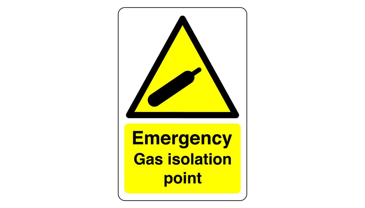 Safety First Display Ltd Yellow/Black Emergency Gas Isolation Sign - High Tack Self-Adhesive Sticker (150Mm X 100Mm) Viewing Distance Within 3M.