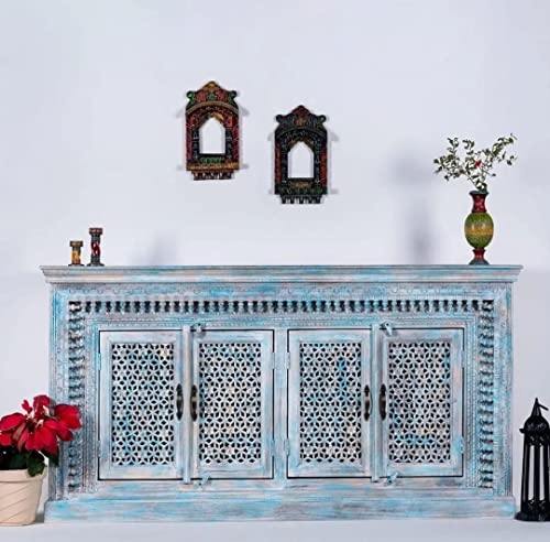 Nazar Art & Craft Solid Sheesham Wooden Carved Sideboard for Living Room | 4 Door Storage Cabinet | Antique Furniture (Blue)
