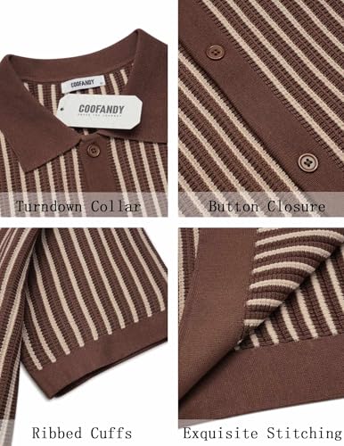 Image of COOFANDY Mens Knit Button Down Shirts Short Sleeve Polo Shirt Vintage Striped Casual Shirts