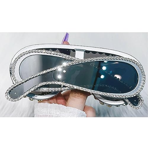 Fashion One Piece Rhinestone Sunglasses For Women Vintage Oversized Silver Shield Diamond Sun Glasses Female Party Shades3