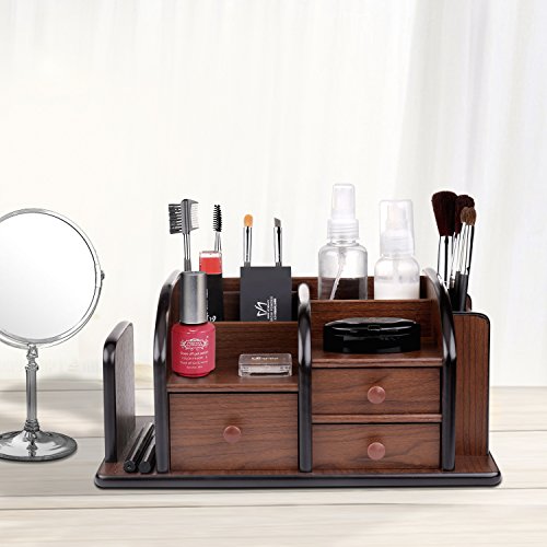 Flexzion Wooden Desk Organizer W/Drawers - Classic Wood Office Supplies Accessories Desktop Tabletop Sorter Shelf Rack Cherry Brown Pencil Holder Caddy Set With 3 Drawers, 3 Compartments & 2 Shelves #TOP5