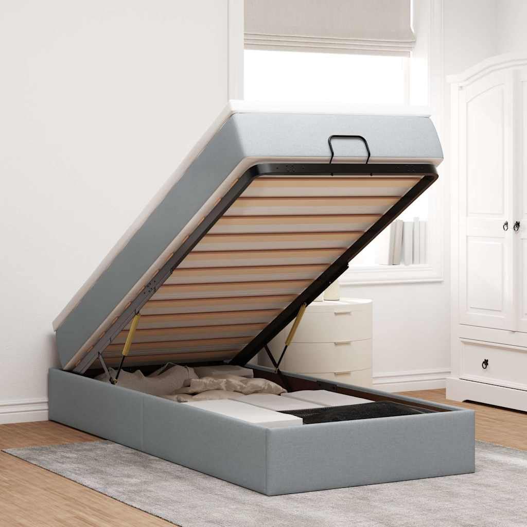 Storage Ottoman Bed Frame with Pocket Spring Mattress 90x200 cm, Light Grey Fabric Upholstered, Hydraulic Lift Up Bed with Mattress Topper, Space Saving Bedroom Furniture