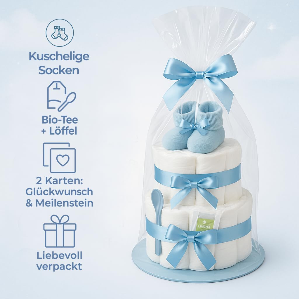 Torta di pannolini da ragazzo a 2 piani in blu con calzini, regalo per nascita per mamma, battesimo o baby shower, idea regalo con pannolini neonati, biglietto di auguri incluso