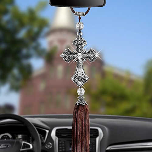 ygmoner Metal and Crystal Diamond Cross Jesus Christian Car Rear View Mirror Car