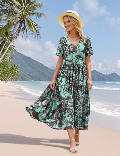 Image of YESNO Women's Summer Maxi Dresses Casual Floral Short Sleeve V Neck Boho Beach Vacation Swing Dress with Pockets EVF