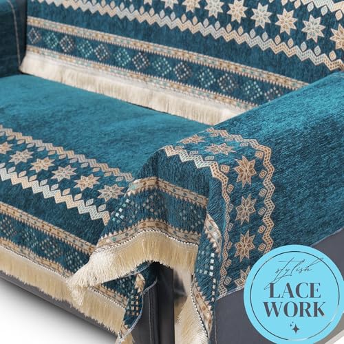 Image of Elegant Woven Turquoise Sofa Cover Soft Chenille Traditional Pattern with Lace Style | L-Shape Sectional Seat Protector for Living Room | Durable & Stylish Slipcover 7 Seater with Arms