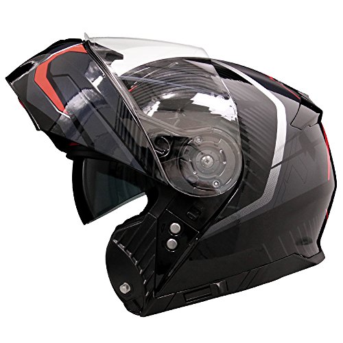 Leopard LEO-888 GRAPHIC DVS Flip up Front Helmet Motorcycle Motorbike Helmet with DOUBLE SUN VISOR (Red/Grey/Black XS)
