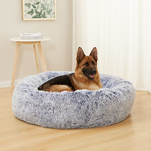Image of Bedfolks Calming Donut Dog Bed - 45 Inch Round Plush Dog Bed, Anti-Anxiety, Washable & Non-Slip (Navy Blue, Extra Large)