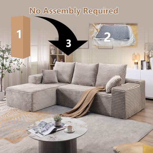 Image of 107.5 inch W Modular Sectional Sofa, Upholstered Corduroy Cloud Couch with Deep Seat, Modern 3-Seater L-Shaped Sofa for Living Room, No Assembly Required (Camel, Left-Facing Chaise)