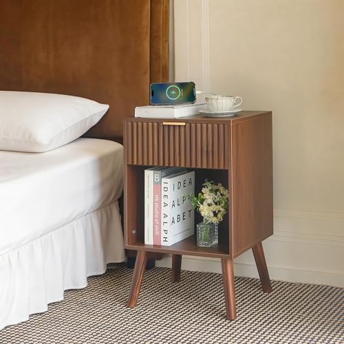 Image of Fultyle Nightstand with Charging Station, Fluted Night Stand with USB and Type C Ports, Mid Century Modern Bedside Table with Drawer and Storage Shelf for Bedroom, Living Room, Office (Walnut Brown)
