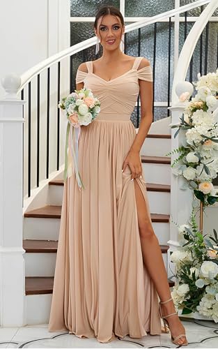 Image of SOLODISH Off The Shoulder Bridesmaid Dresses Long Chiffon Formal Evening Dresses for Women