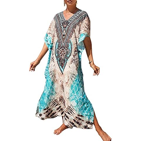 Cogild Women Ethnic Kaftans Summer Boho V Neck Long Swimsuit Cover Ups Beach Dresses Cover
