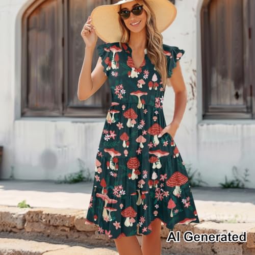 Image of Women's Casual Ruffle Sleeve Dress V Neck Pullover Dress Flowy A-Line Pleated Lightweight Dress with Pockets