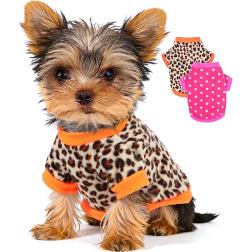 2 Pieces Dog Sweaters for Small Dogs Girl Fleece Puppy Sweater for Teacup Chihuahua Yorkie Clothes Soft Warm Dog Clothes Doggie Pet Outfit Apparel Polka dots Leopard Print, XXS