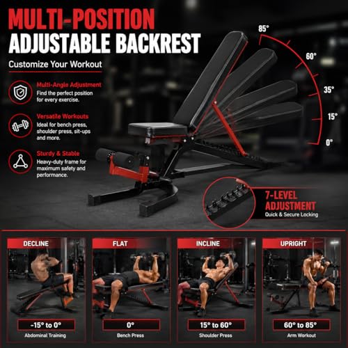 Image of Adjustable Workout Bench for Home Gym | Multifunctional Incline Decline Bench with Preacher Curl Pad & Leg Support | Full Body Strength Training Bench for Men & Women (Black & Red)