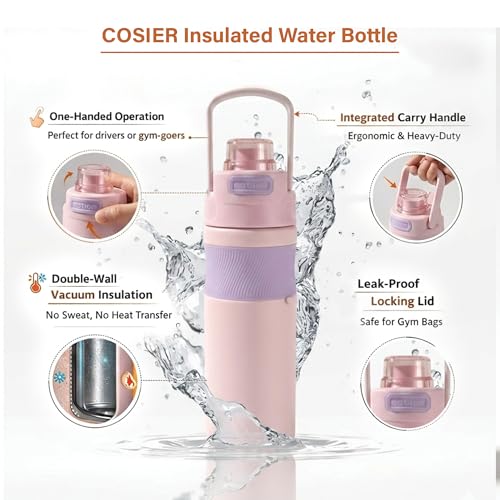 Image of 600ml Insulated Water Bottle with Straw - Premium SUS 316 Stainless Steel Sport Flask - Insulated Hot & Cold, Leak-Proof One-Click Flip Top - Gym & Travel Bottle (Blush Lavender)