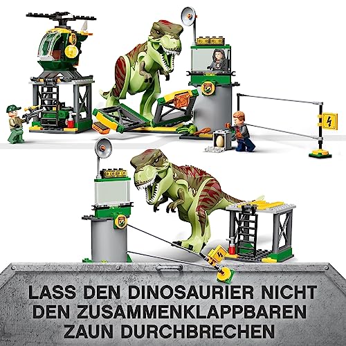 LEGO Jurassic World T. Rex Ausbruch, Dinosaurier-Spielzeug ab 4 Jahren, Set mit großer Dino-Figur, Hubschrauber, Flughafen und Spielzeugauto, Geschenk für Fans der Jurassic Park-Filme 76944