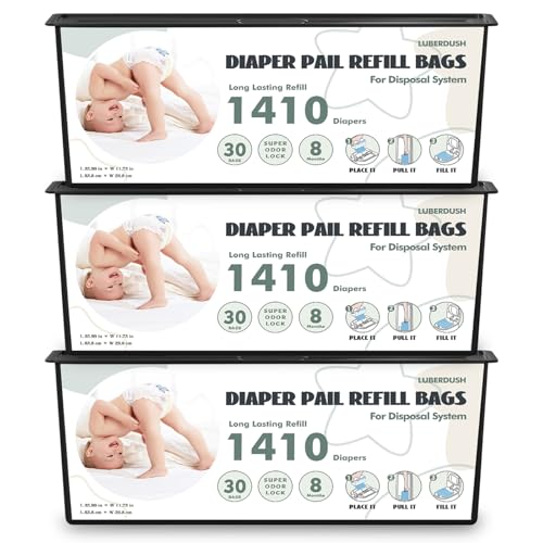 Image of Diaper Pail Refill Bags - Compatible with Genie Easy Roll Signature & Platinum Pails | Each 30 Bags Holds Up to 1410 Newborn Diapers | 7-Layer OdorLock Technology | 3 Pack(90 Bags)