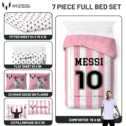 Image of Jay Franco Messi Full Comforter Set 7 Piece Soft Kids Sports Bedding, Pink | Bed in a Bag, Comforter Sheets Shams Pillowcases, Official Product, Soft Microfiber, Machine Washable, Kids Gift