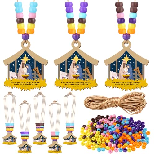 Tondiamo 36 Sets Christmas Nativity Craft Kit Christian Wooden Cross Necklace with Beads and Strings Nativity Cross DIY Craft Church Gifts for Holy Night Party Xmas Decor Religious Activities