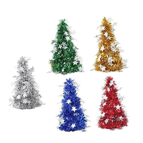 Beatifufu Metalic Christmas Tree Ornaments 5 Pcs Mini Tinsel Tree Cones Desktop Tree Model Red Blue Green for Holiday