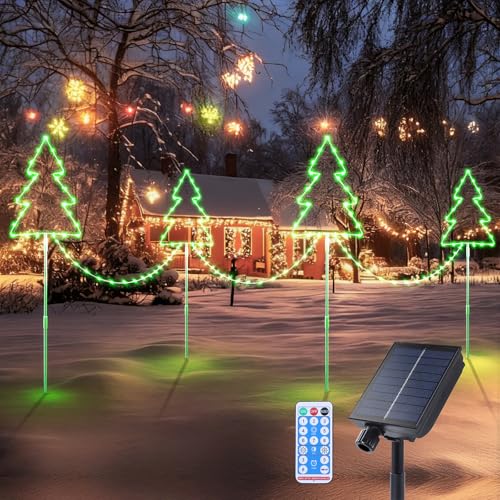 Quntis 4PCS Decoraciones de Navidad Árboles Luces Solares, 160 LED Verde Árbol de Navidad Camino Marcadores con 8...