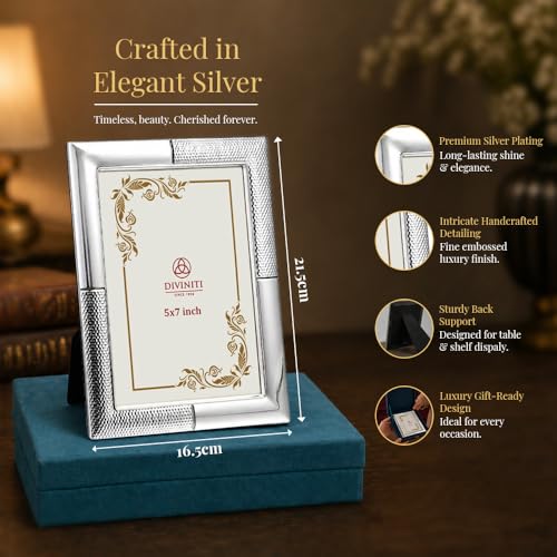 Image of DIVINITI German Silver Photo Frame 5x7 Inch | Luxury Silver Plated Picture Frame for Table & Desk Decor | Elegant Textured Border Design with Stand | Premium Gift Frame for Home & Office